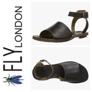 Fly London Black Leather Ankle Strap Sandals